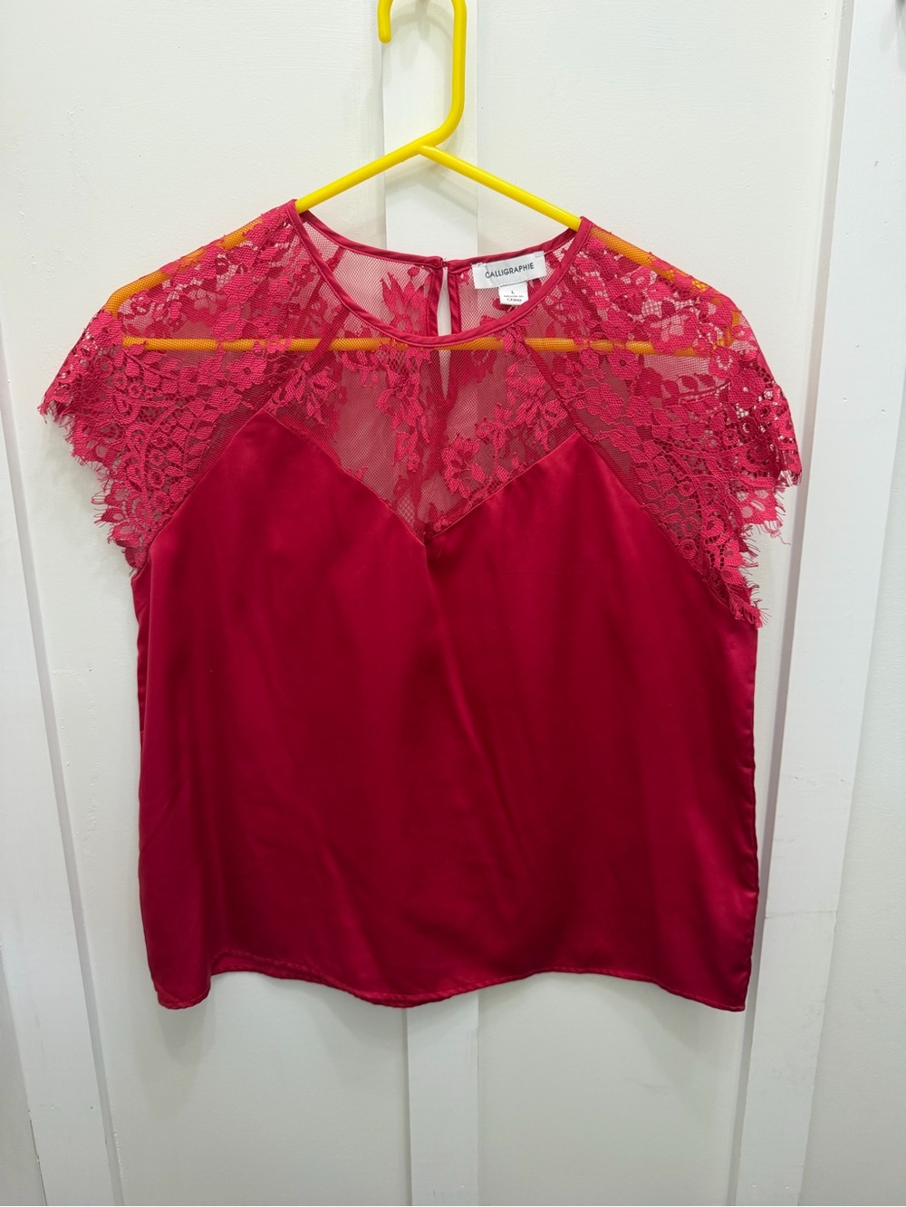 Calligraphie Hot Pink Lace Detail Blouse Size L